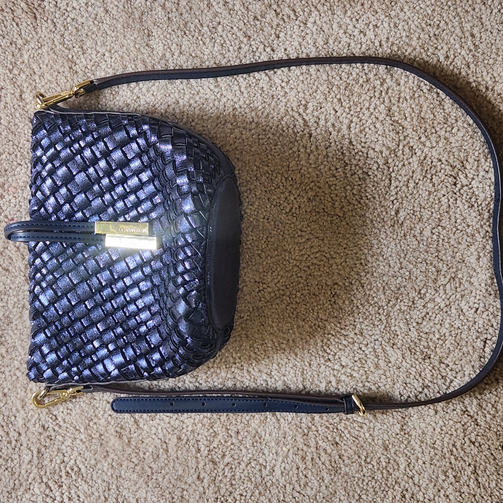 Calvin Klain Navy Blue Woven Leather Crossbody Bag